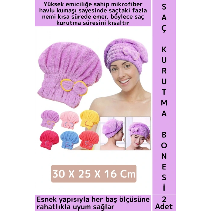 Her Baş Ölçüsüne Uyumlu Esnek Hızlı Emici Banyo Havuz Duş Mikrofiber Havlu Saç Kurutma Bonesi 2 Adet