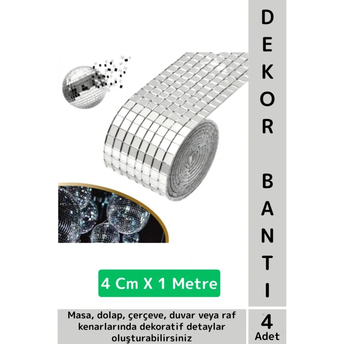 Kolay Kesilebilen Esnek Kendinden Yapışkanlı Gümüş Renk Süsleme Dekorasyon Bantı 4 CmX1 Mtre 4 Adet