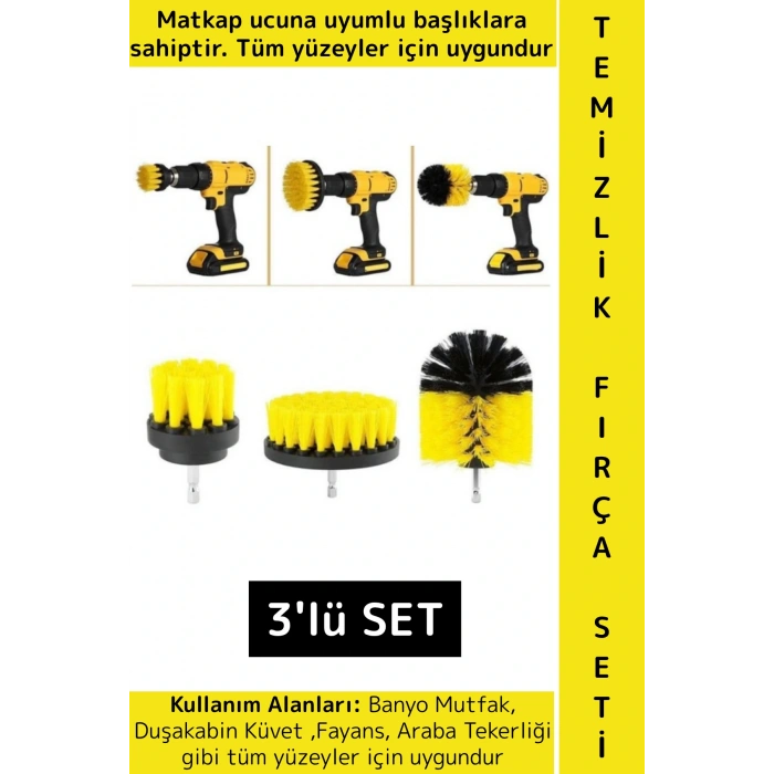 Premium Banyo Küvet Fayans Mutfak Oto Koltuk Tekerlek Matkap Ucuna Takılan 3lü Temizlik Fırça Seti