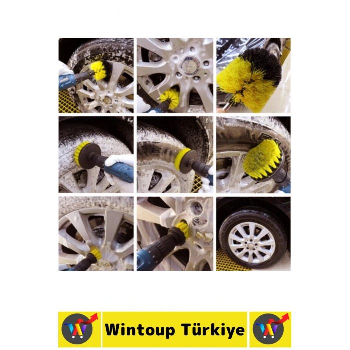 Premium Banyo Küvet Fayans Mutfak Oto Koltuk Tekerlek Matkap Ucuna Takılan 3lü Temizlik Fırça Seti