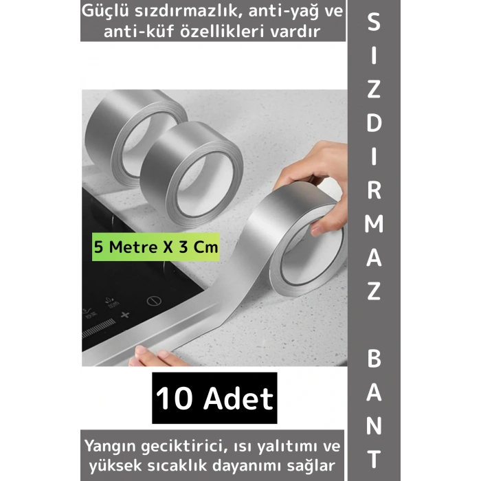 Kendinden Yapışkanlı Mutfak Banyo Kolay Temizlik Su Sızdırmaz Yanmaz Alüminyum Bant 5 MtrX3 Cm 10 Ad