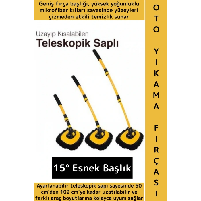 Esnek Başlıklı Islak Kuru Kullanım 50 Cm-102 Cm Ayarlanabilir Teleskopik Saplı Oto Yıkama Fırçası