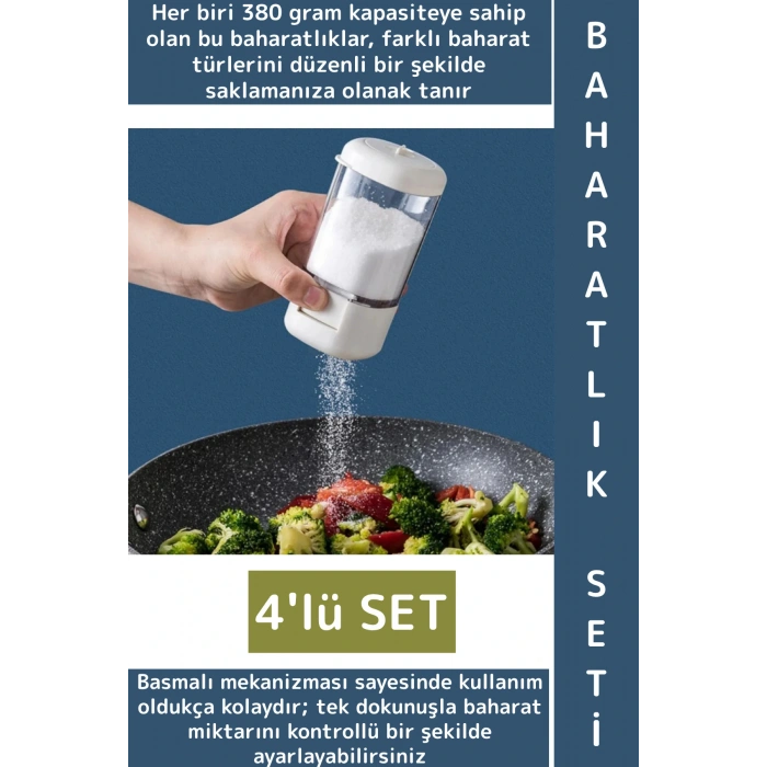 Premium Dayanıklı Toz-Taneli Kullanım Şeffaf Gövde Basmalı Baharatlık Tuzluk Seti 380 ML X 4lü SET
