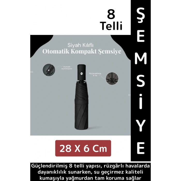 Kompakt Çanta Boy Seyahat Tipi Dayanıklı Otomatik Açma Kapama Güçlendirilmiş 8 Telli Kılıflı Şemsiye
