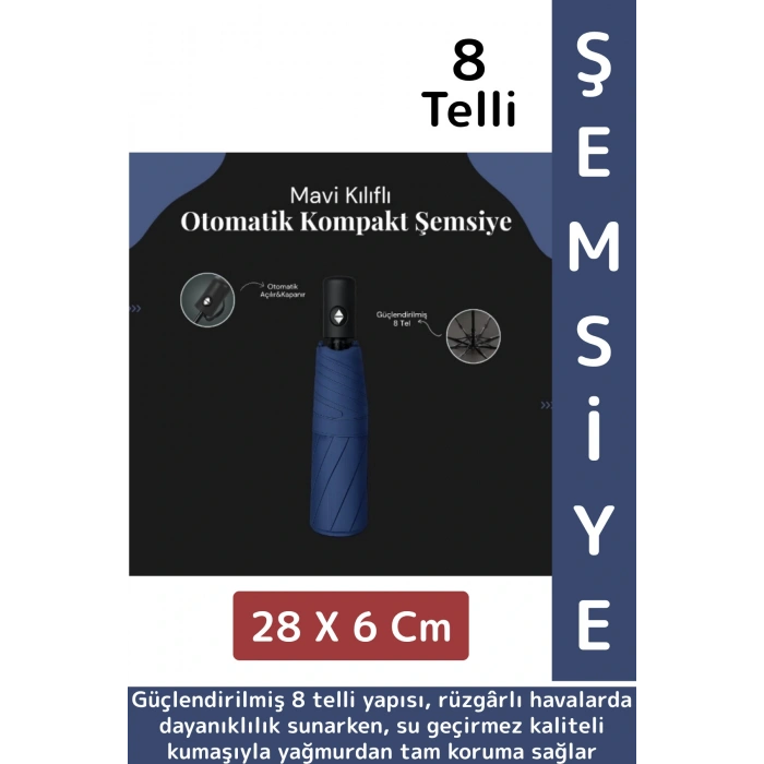 Kompakt Çanta Boy Seyahat Tipi Dayanıklı Otomatik Açma Kapama Güçlendirilmiş 8 Telli Kılıflı Şemsiye