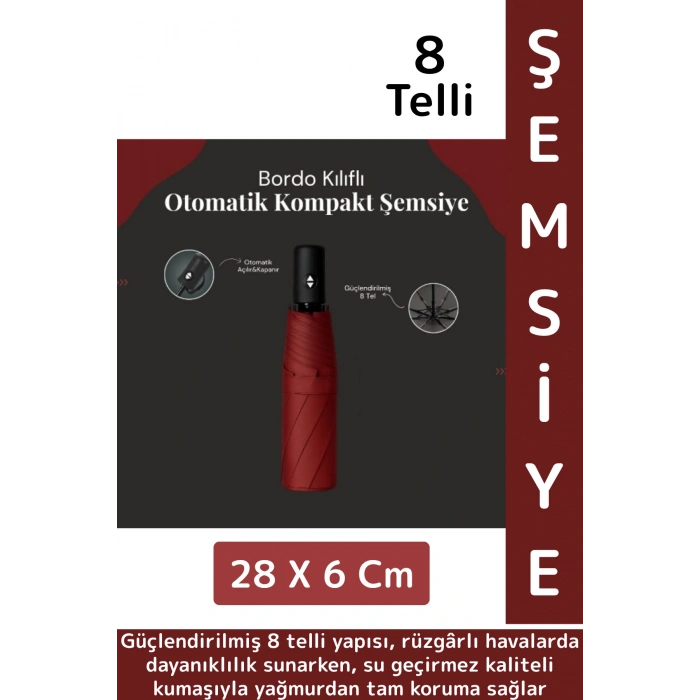 Kompakt Çanta Boy Seyahat Tipi Dayanıklı Otomatik Açma Kapama Güçlendirilmiş 8 Telli Kılıflı Şemsiye