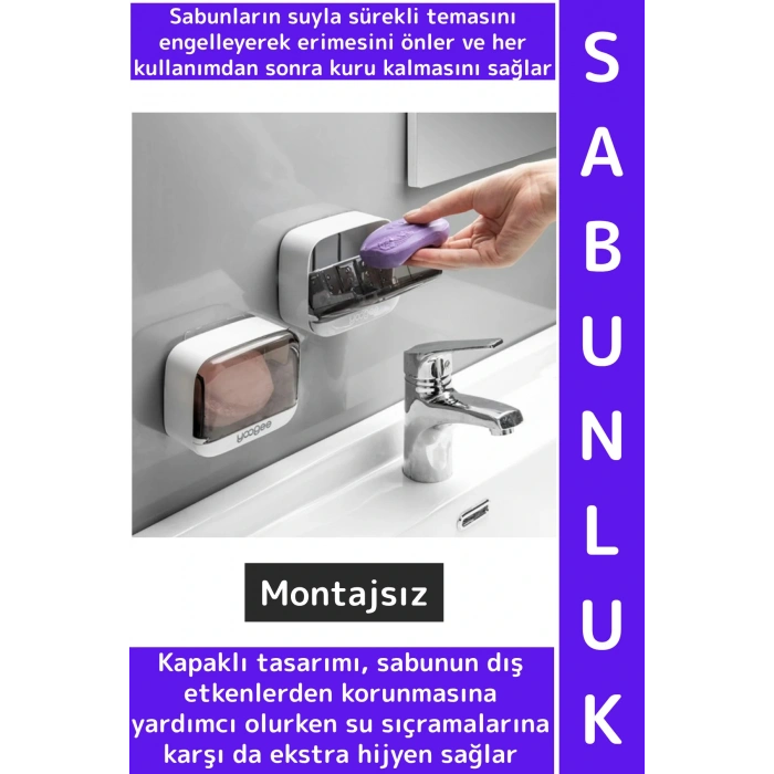 Kendinden Yapışkanlı Montajsız Banyo Mutfak Sabun Erime Önleyen Kapaklı Estetik 2li Şeffaf Sabunluk