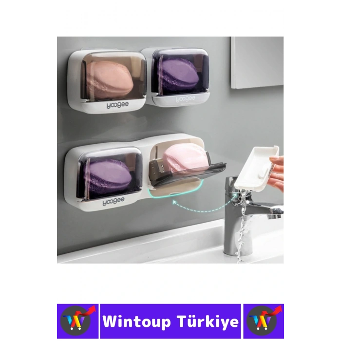 Kendinden Yapışkanlı Montajsız Banyo Mutfak Sabun Erime Önleyen Kapaklı Estetik 2li Şeffaf Sabunluk
