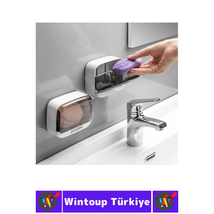 Kendinden Yapışkanlı Montajsız Banyo Mutfak Sabun Erime Önleyen Kapaklı Estetik 2li Şeffaf Sabunluk