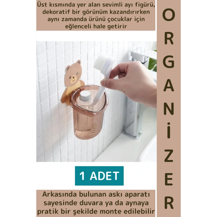 Dayanıklı Asılabilir Kolay Montaj Mutfak Banyo Küçük Eşya Çocuk Odası Sevimli Ayı Figürlü Organizer