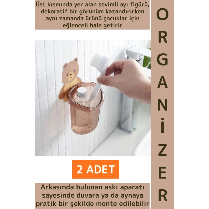 Asılabilir Kolay Montaj Mutfak Banyo Küçük Eşya Çocuk Odası Sevimli Ayı Figürlü Organizer 2 Adet