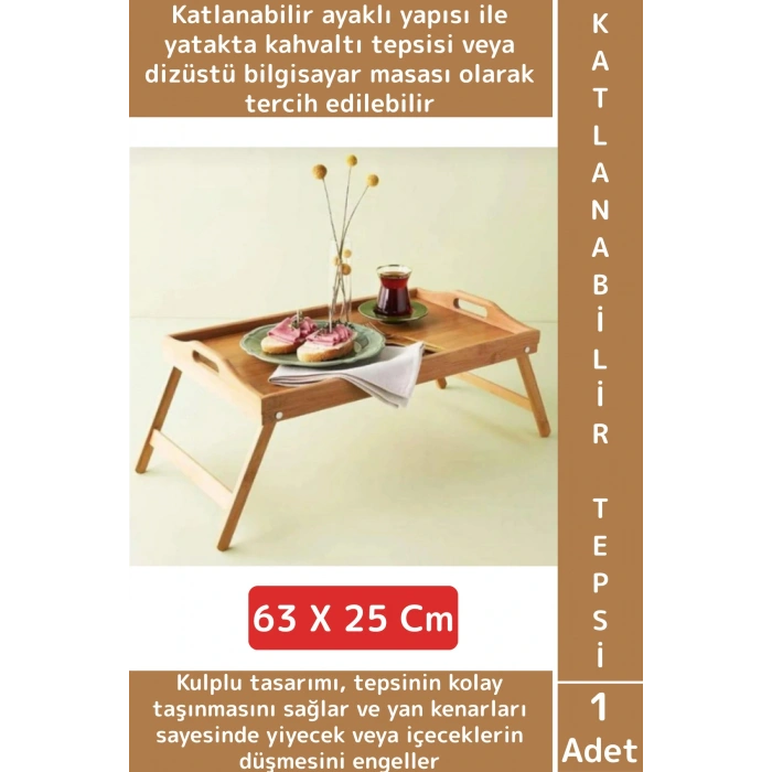 Kompakt Dayanıklı Kahvaltı Bilgisayar Masası Bambu Kulplu Ayaklı Katlanabilir Keyif Tepsisi 63X25 Cm