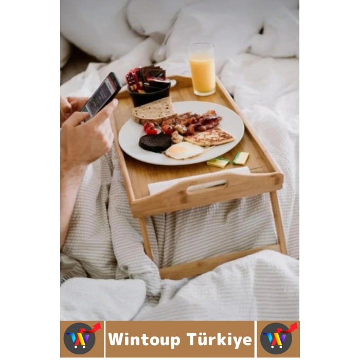 Kompakt Dayanıklı Kahvaltı Bilgisayar Masası Bambu Kulplu Ayaklı Katlanabilir Keyif Tepsisi 63X25 Cm