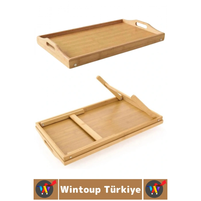 Kompakt Dayanıklı Kahvaltı Bilgisayar Masası Bambu Kulplu Ayaklı Katlanabilir Keyif Tepsisi 63X25 Cm
