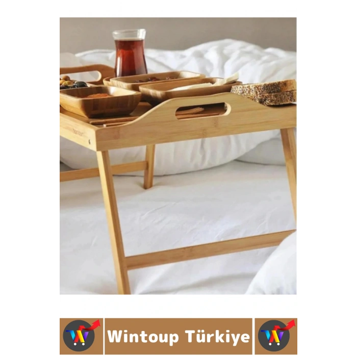 Kompakt Dayanıklı Kahvaltı Bilgisayar Masası Bambu Kulplu Ayaklı Katlanabilir Keyif Tepsisi 63X25 Cm