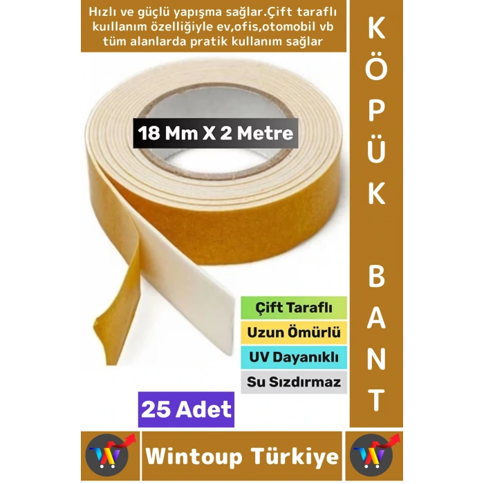 Süper Güçlü Yapışkan İç Mekan Duvar Ahşap Çok Yönlü Çift Taraflı Köpük Bant 18 Mm X 2 Metre 25 Adet