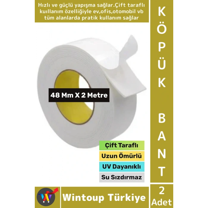 Premium Süper Güçlü Yapışkan İç Mekan Duvar Ahşap Çift Taraflı Köpük Bant 48 Mm x 2 Metre 2 Adet