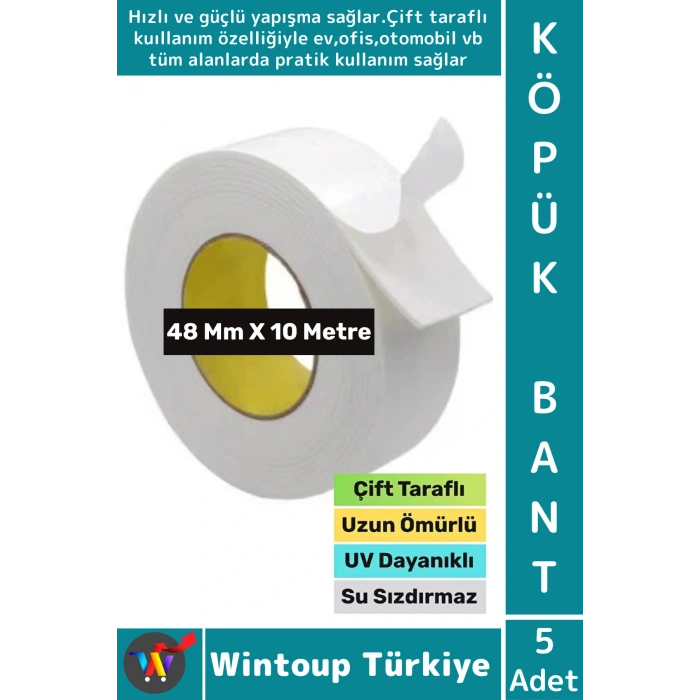 Premium Süper Güçlü Yapışkan İç Mekan Duvar Ahşap Çift Taraflı Köpük Bant 48 Mm x 10 Metre 5 Adet