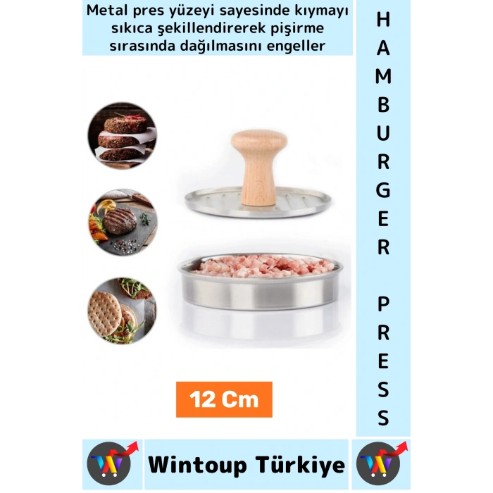 Uzun Ömürlü Ergonomik Tutuş Ahşap Saplı Izgara Çizgili Mutfak Kıyma Köfte Hamburger Press 12 Cm