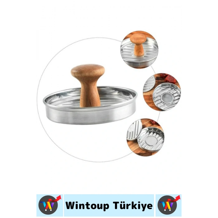 Uzun Ömürlü Ergonomik Tutuş Ahşap Saplı Izgara Çizgili Mutfak Kıyma Köfte Hamburger Press 12 Cm