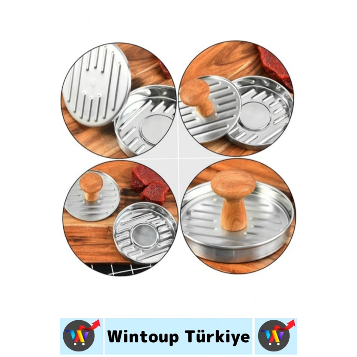 Uzun Ömürlü Ergonomik Tutuş Ahşap Saplı Izgara Çizgili Mutfak Kıyma Köfte Hamburger Press 12 Cm