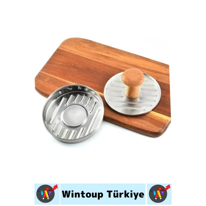 Uzun Ömürlü Ergonomik Tutuş Ahşap Saplı Izgara Çizgili Mutfak Kıyma Köfte Hamburger Press 12 Cm