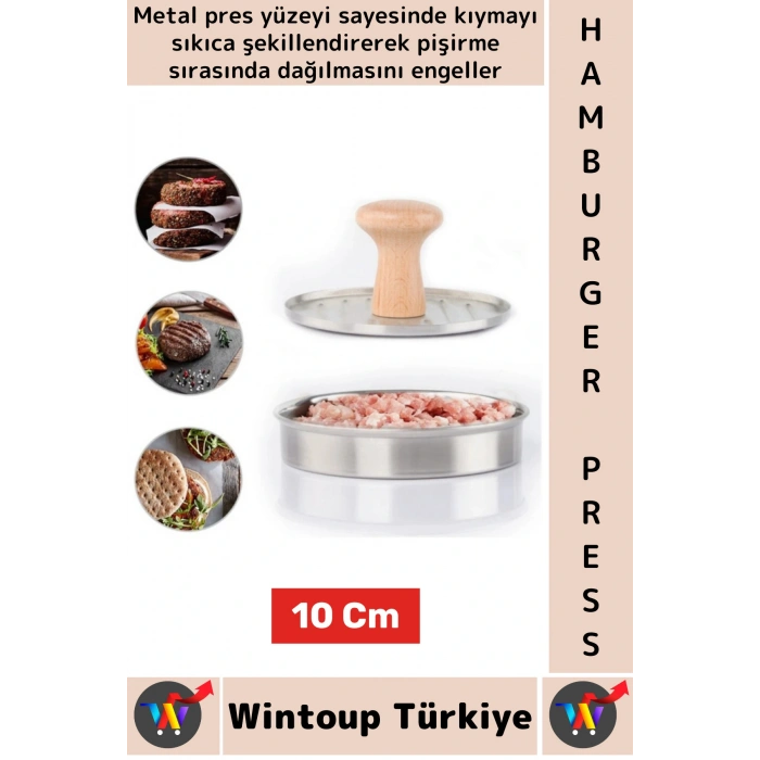 Uzun Ömürlü Ergonomik Tutuş Ahşap Saplı Izgara Çizgili Mutfak Kıyma Köfte Hamburger Press 10 Cm