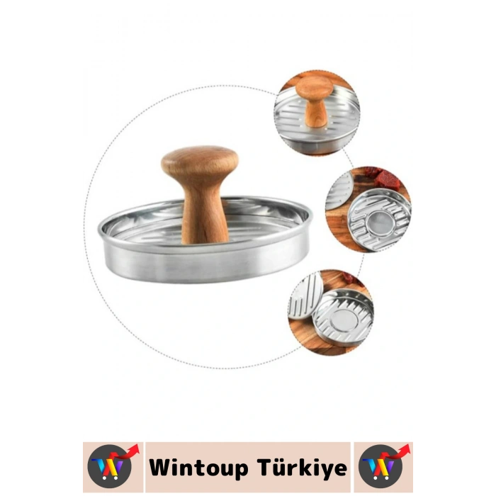 Uzun Ömürlü Ergonomik Tutuş Ahşap Saplı Izgara Çizgili Mutfak Kıyma Köfte Hamburger Press 10 Cm
