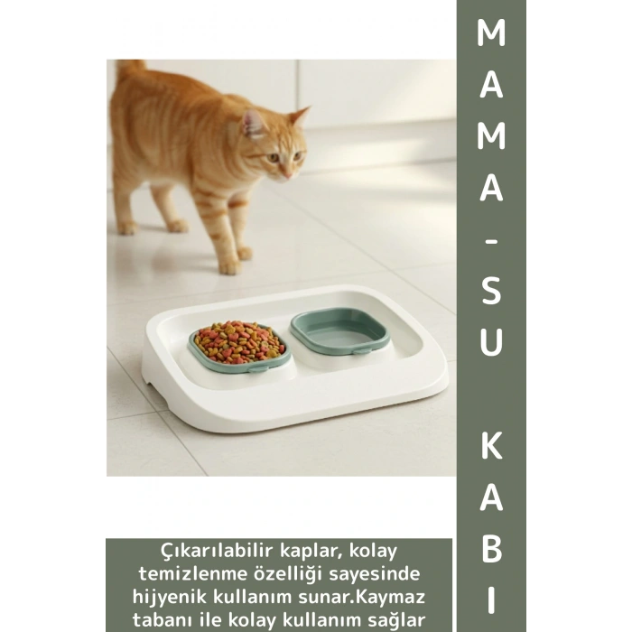 Evcil Hayvan Kaymaz Taban Çıkarılabilir Tasarım Çift Bölmeli Kedi Köpek Plastik Mama Su Kabı 2 in 1