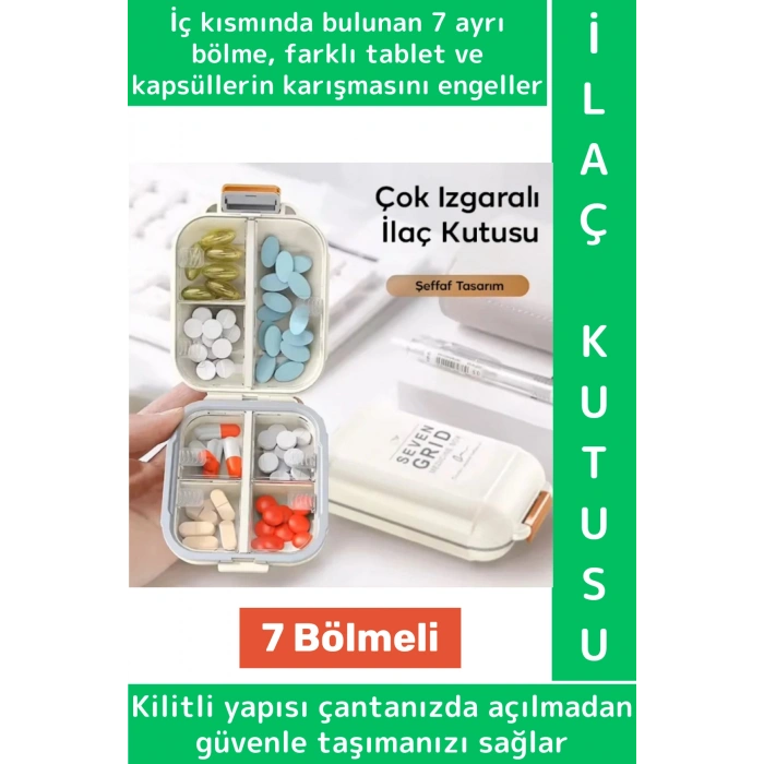 Seyahat Çanta Boy Tablet Kapsül Karışımı Önleyen Kilitli 7 Izgara Bölmeli Pratik İlaç Saklama Kutusu