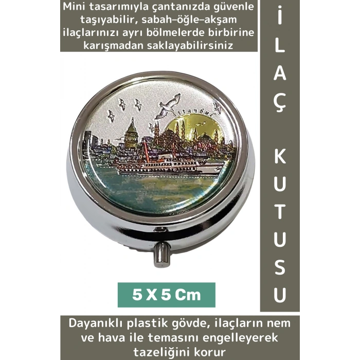 Özel Model Konsept Hediyelik Dekoratif Şık İstanbul Temalı 3 Bölmeli Hap Tablet İlaç Saklama Kutusu