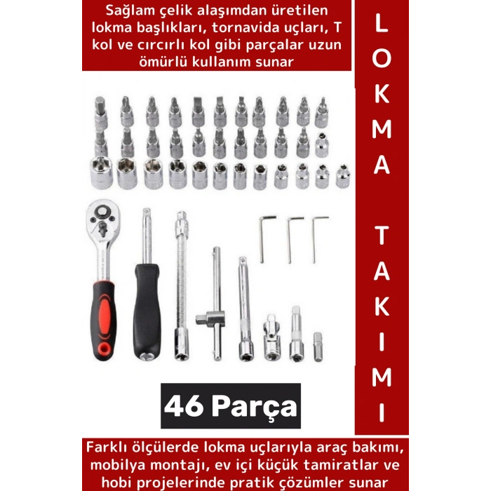 Profesyonel Hobi Mobilya Araç Bakım Tamirat Montaj T Cırcır Kol 46 Parça Premium Lokma Takımı Seti