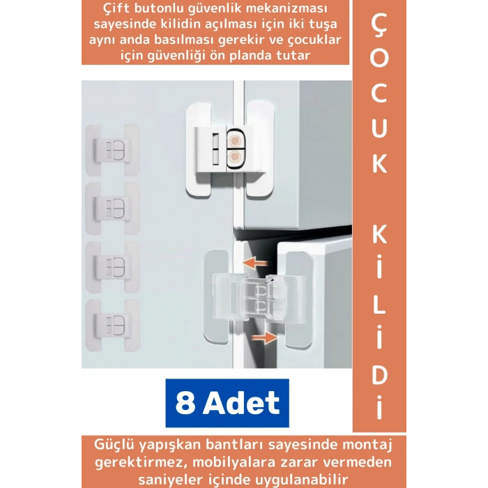 Kendinden Yapışkanlı Montaj Gerektirmez Estetik Buzdolabı Çekmece Dolap Kapağı Çocuk Kilidi 8 Adet