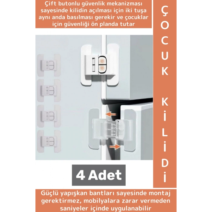 Kendinden Yapışkanlı Montaj Gerektirmez Estetik Buzdolabı Çekmece Dolap Kapağı Çocuk Kilidi 4 Adet