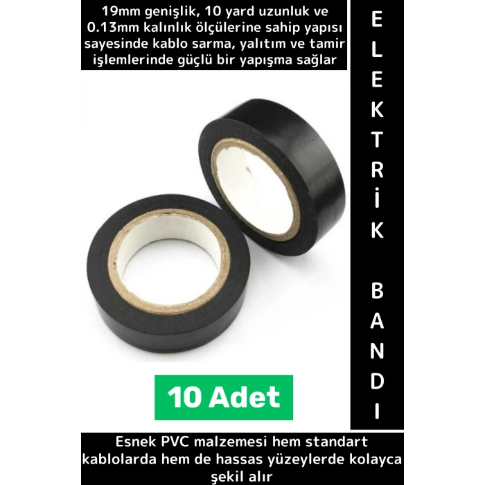 Profesyonel Güçlü Yapışkan Kablo Sarma Yalıtım Tamirat Onarım Esnek PVC İzole Elektrik Bandı 10 Adet