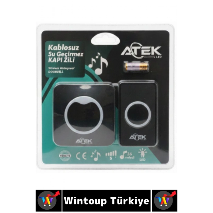 Kendinden Yapışkanlı Ev Kapı Girişi Ofis 36 Melodili LED Işıklı Kablosuz Su Geçirmez Siyah Kapı Zili