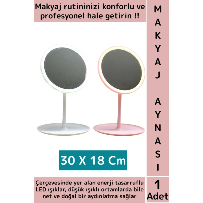 Premium Profesyonel Ev Kuaför Kullanım Hediyelik Şık Yuvarlak Led Işıklı Makyaj Aynası 30 X 18 Cm