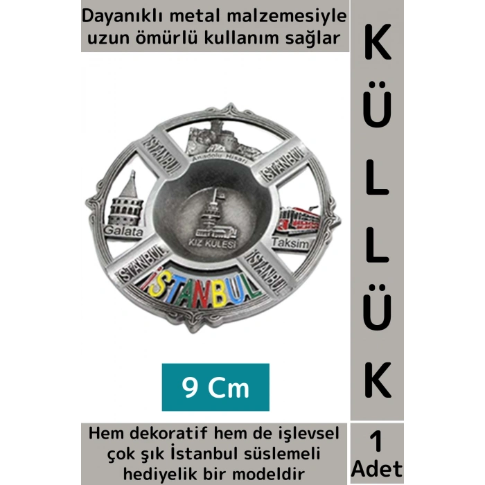 Dayanıklı Gündelik Ev İş Kullanım Dekoratif Hediyelik Çok Şık İstanbul Süslemeli Metal Küllük 9 Cm