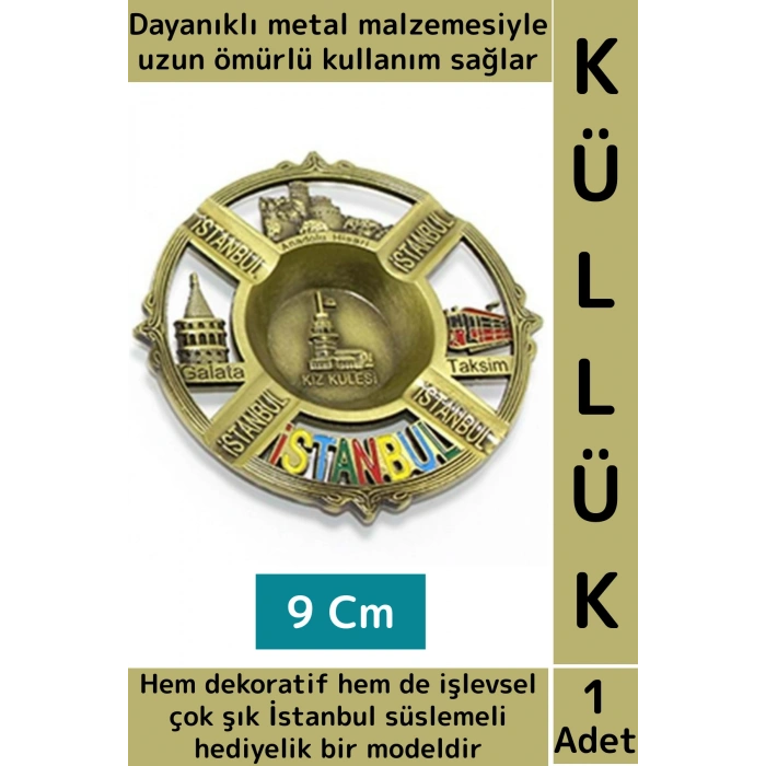 Dayanıklı Gündelik Ev İş Kullanım Dekoratif Hediyelik Çok Şık İstanbul Süslemeli Metal Küllük 9 Cm