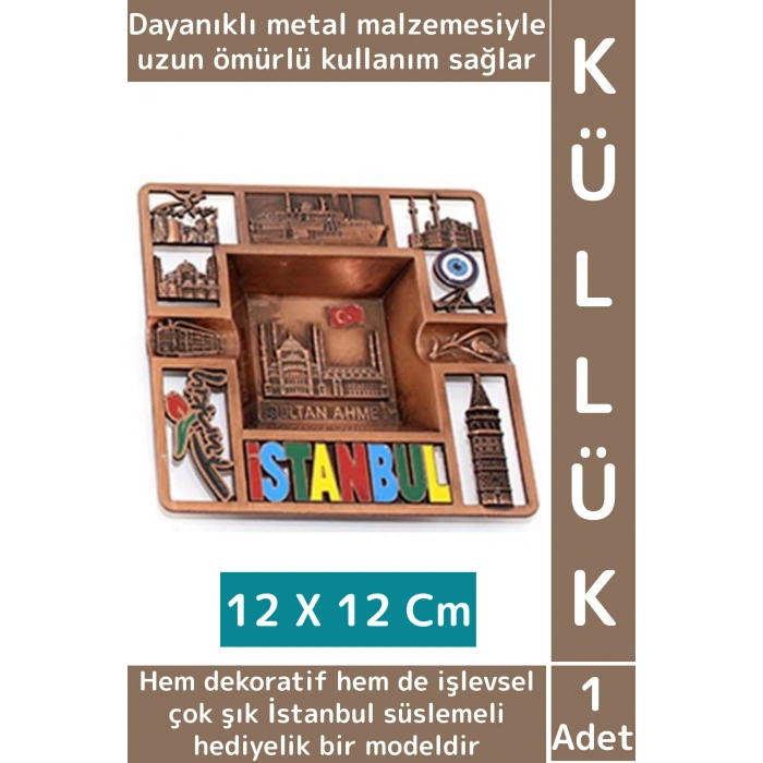 Dayanıklı Gündelik Ev İş Kullanım Dekoratif Hediyelik Şık İstanbul Süslemeli Metal Küllük 12 X 12 Cm