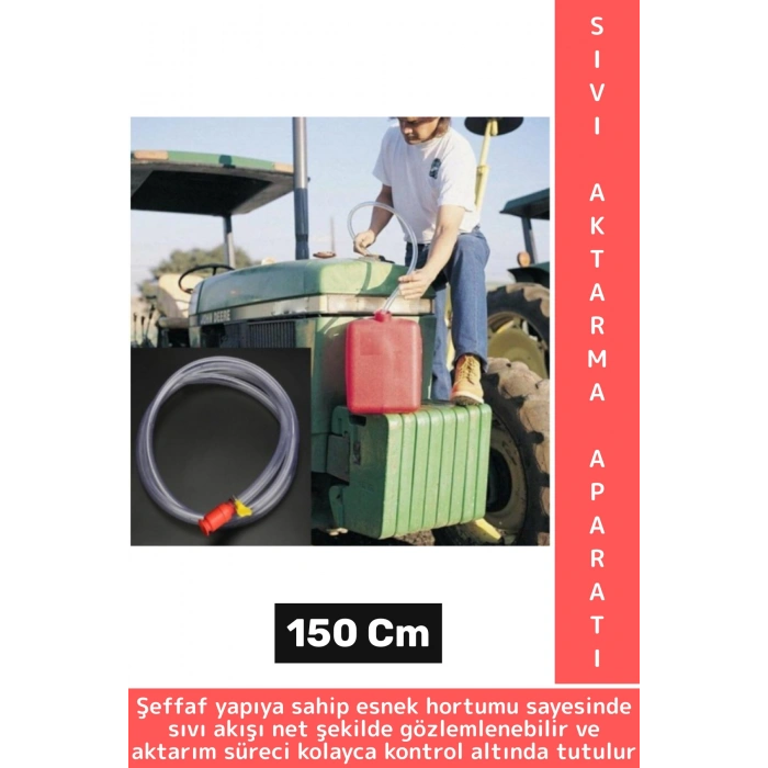 Premium Oto Benzin Mazot Yağ Bahçe Akvaryum Su Aktarım Hortumlu Şeffaf Sıvı Aktarma Aparatı 150 cm