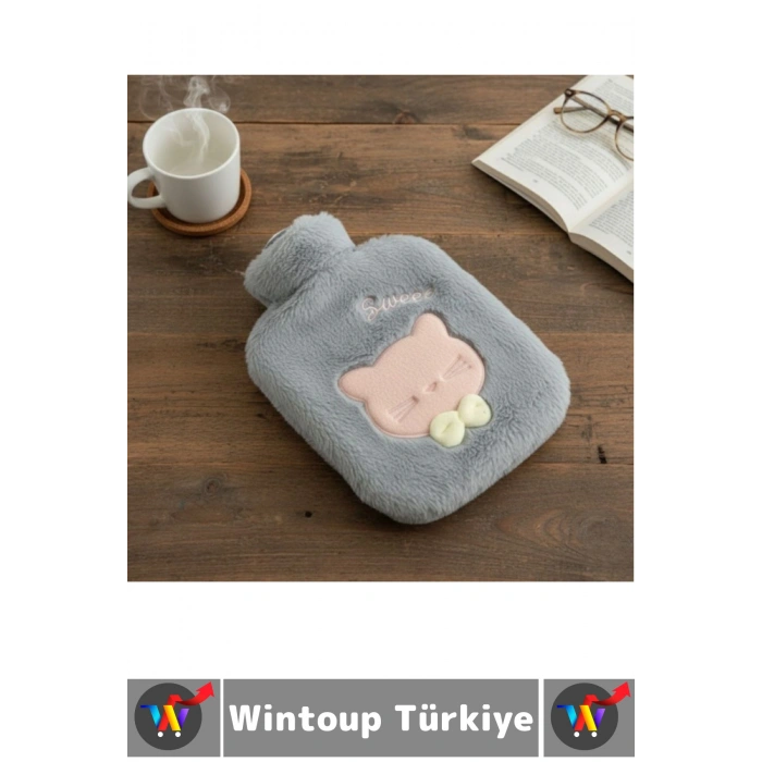 Termal Yapı Karın Bel Eklem Ağrı Sevimli Papyonlu Kedi Figür Yumuşak Peluş Sıcak Su Torbası 1 Litre