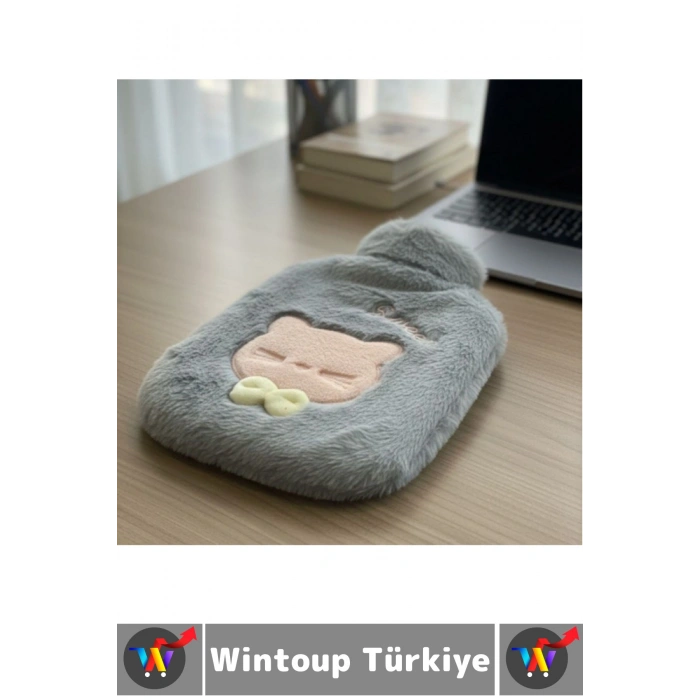 Termal Yapı Karın Bel Eklem Ağrı Sevimli Papyonlu Kedi Figür Yumuşak Peluş Sıcak Su Torbası 1 Litre