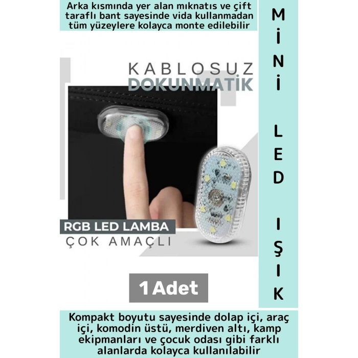 Montaj Gerektirmeyen Mıknatıslı Yapışkanlı Dolap Araç İçi Kamp Dokunmatik Hafif Mini 6 LED RGB Işık