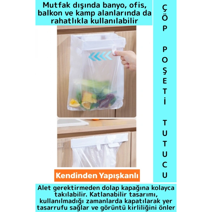 Kendinden Yapışkanlı Mutfak Banyo Balkon Ofis Kamp Piknik Katlanabilir Çöp Poşeti Tutucu Aparat