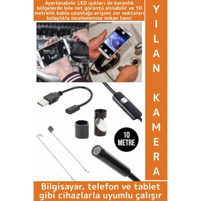 Bilgisayar Telefon Tablet Uyumlu Yüksek Çözünürlüklü İnce Detay Tamir Kontrol 10 Metre Yılan Kamera