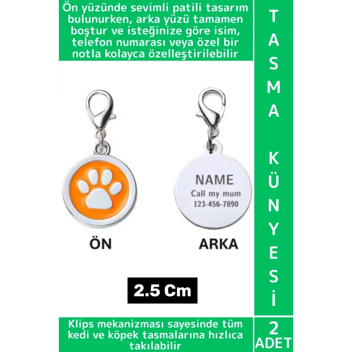Dayanıklı Evcil Hayvan Kedi Köpek Klipsli İsim Telefon Numarası Not Şık Tasma Künyesi 2.5 Cm 2 Adet