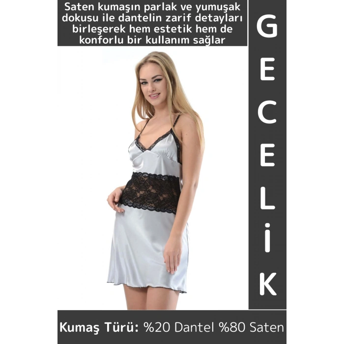 Yeni Sezon Zarif Rahat Kumaş Büyüleyici Özel Gün Gece Gündelik Dantelli Saten Kadın Gri Gecelik