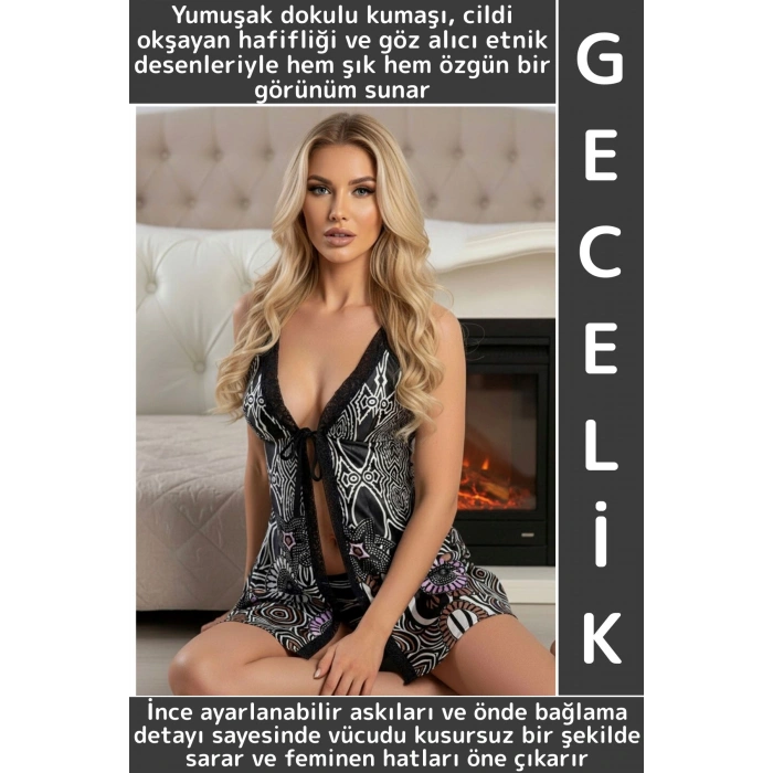 Yeni Sezon Zarif Rahat Kumaş Büyüleyici Özel Gün Gece Gündelik Desenli Saten Çok Şık Kadın Gecelik