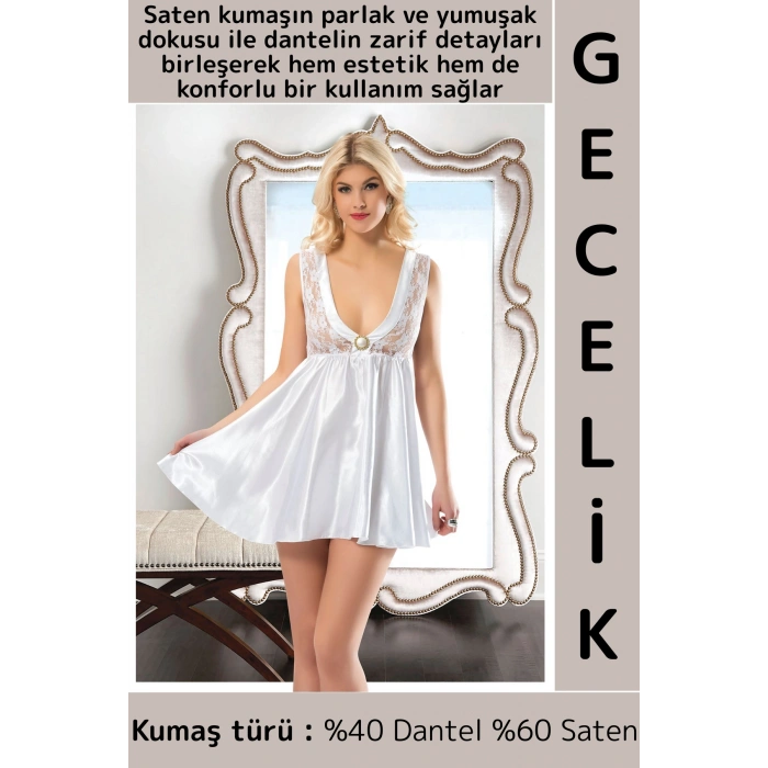 Yeni Sezon Zarif Rahat Kumaş Büyüleyici Özel Gün Gece Gündelik Dantelli Saten Kadın Beyaz Gecelik